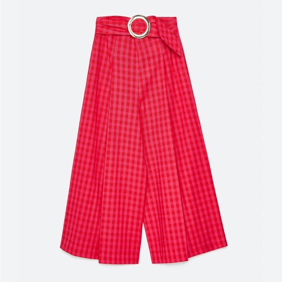Uterque Cropped Pleated Pink & Red Plaid Pants Linen Blend Size Large - Picture 1 of 6